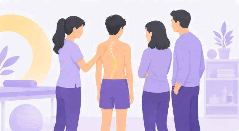Fisioterapista che accompagna un adolescente con scoliosi insieme ai suoi genitori durante una valutazione.